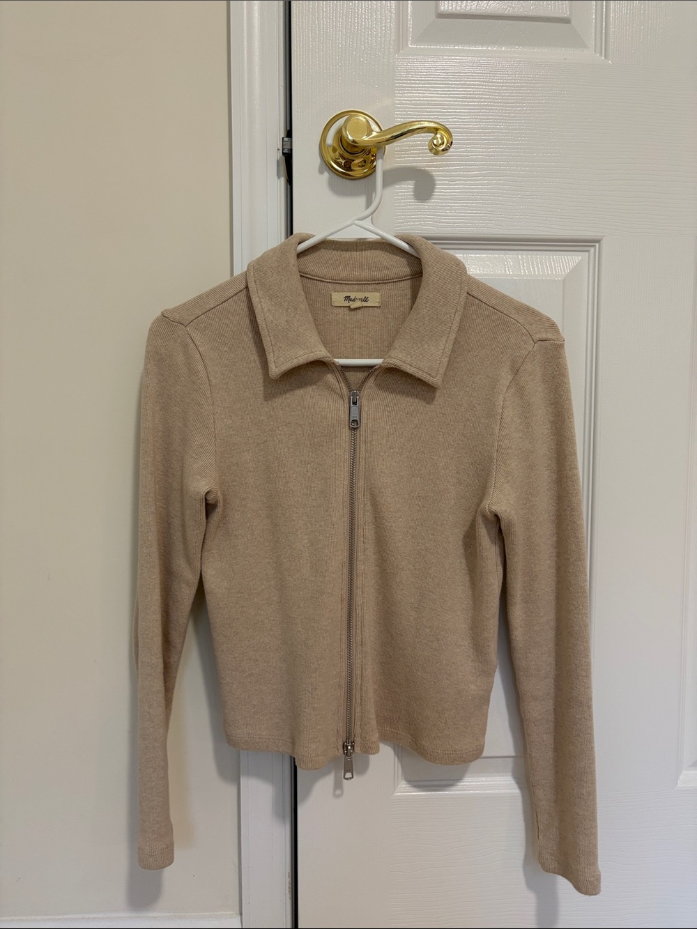 Madewell Beige Ribbed Zip-Front Long-Sleeve Tee
